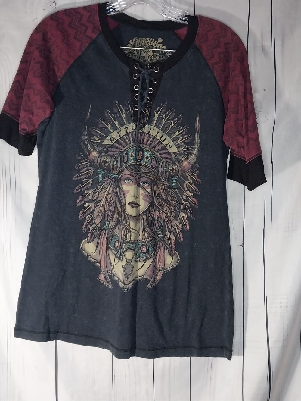Affliction American Tattoo Y2K Grunge Edgy Women's Raglan Lace-Up Graphic Tee
